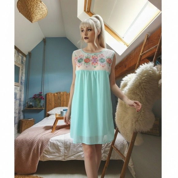 Vintage Other - Vintage 1960s Blue Floral Embroidered Chiffon Babydoll Nightie Small